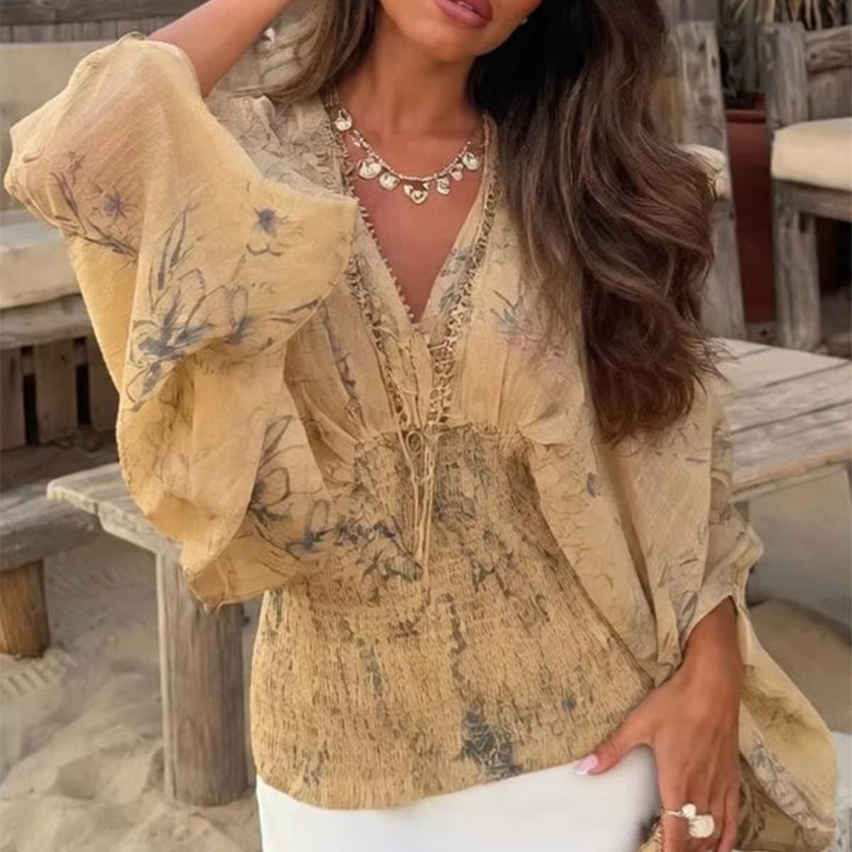 Summer Clothing Resort - V Neck Printed Vintage Shirt Women