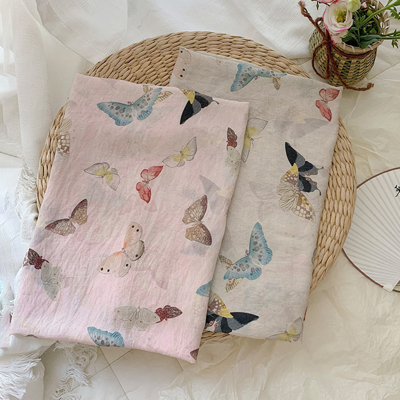 Summer Clothing Fabric - Butterflies Print on Beige Pink Fabric