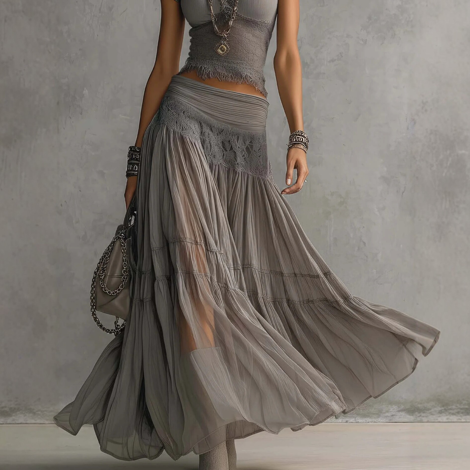 2026 Gray Knitted Top + Chiffo - Summer Clothing Fabric review and price