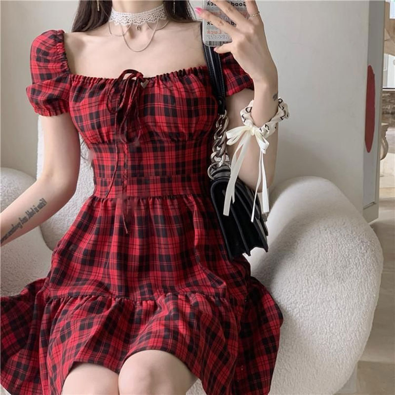 Red Plaid Mini Dress Women's C - Summer Clothing Drawing review and price