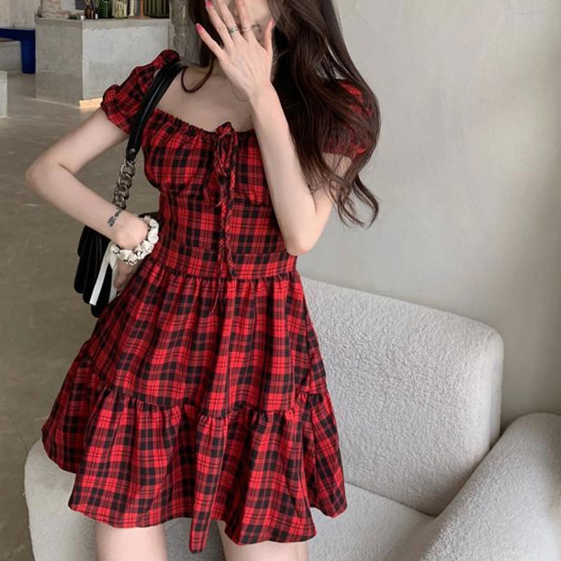 Red Plaid Mini Dress Women's C - Summer Clothing Drawing review and price