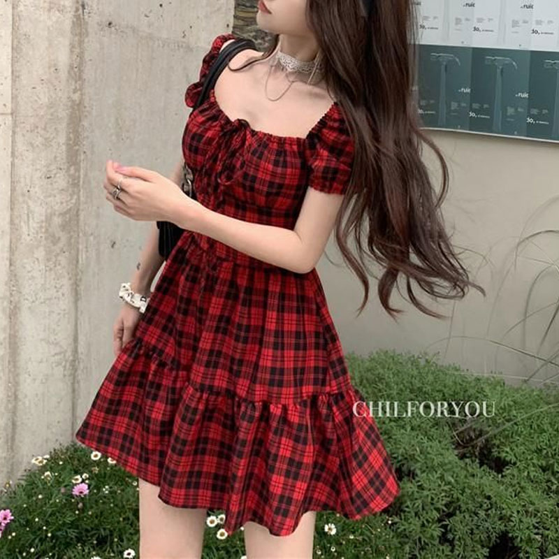 Red Plaid Mini Dress Women's C - Summer Clothing Drawing review and price