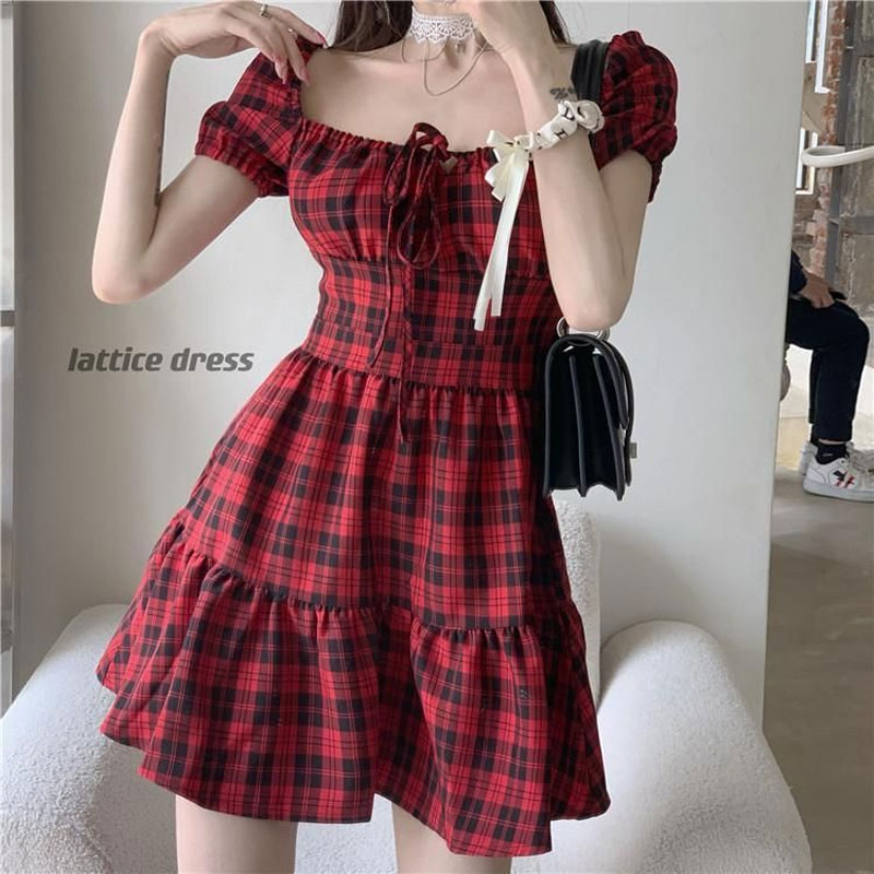 Red Plaid Mini Dress Women's C - Summer Clothing Drawing review and price