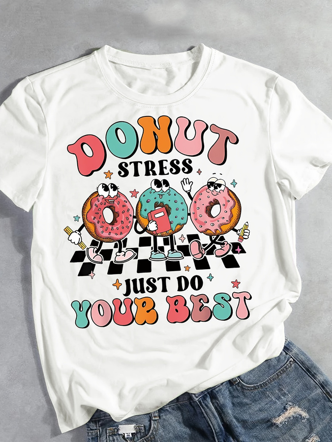 Cartoon Donut Print T-shirt, S - Summer Clothing Trends 2025 Women'S review and price